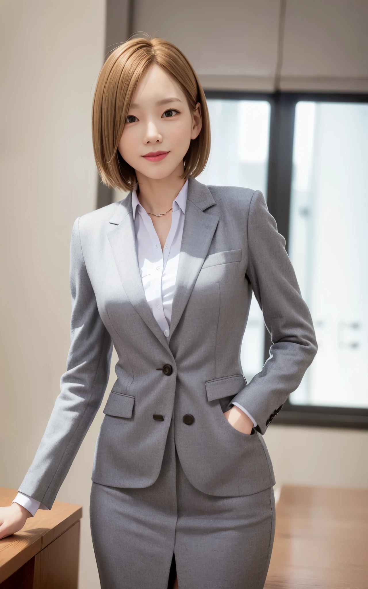masterpiece, extremely detailed, very sharp, best quality, gray office suit, shirt, short pencil skirt, smile, bob hair, waist shot