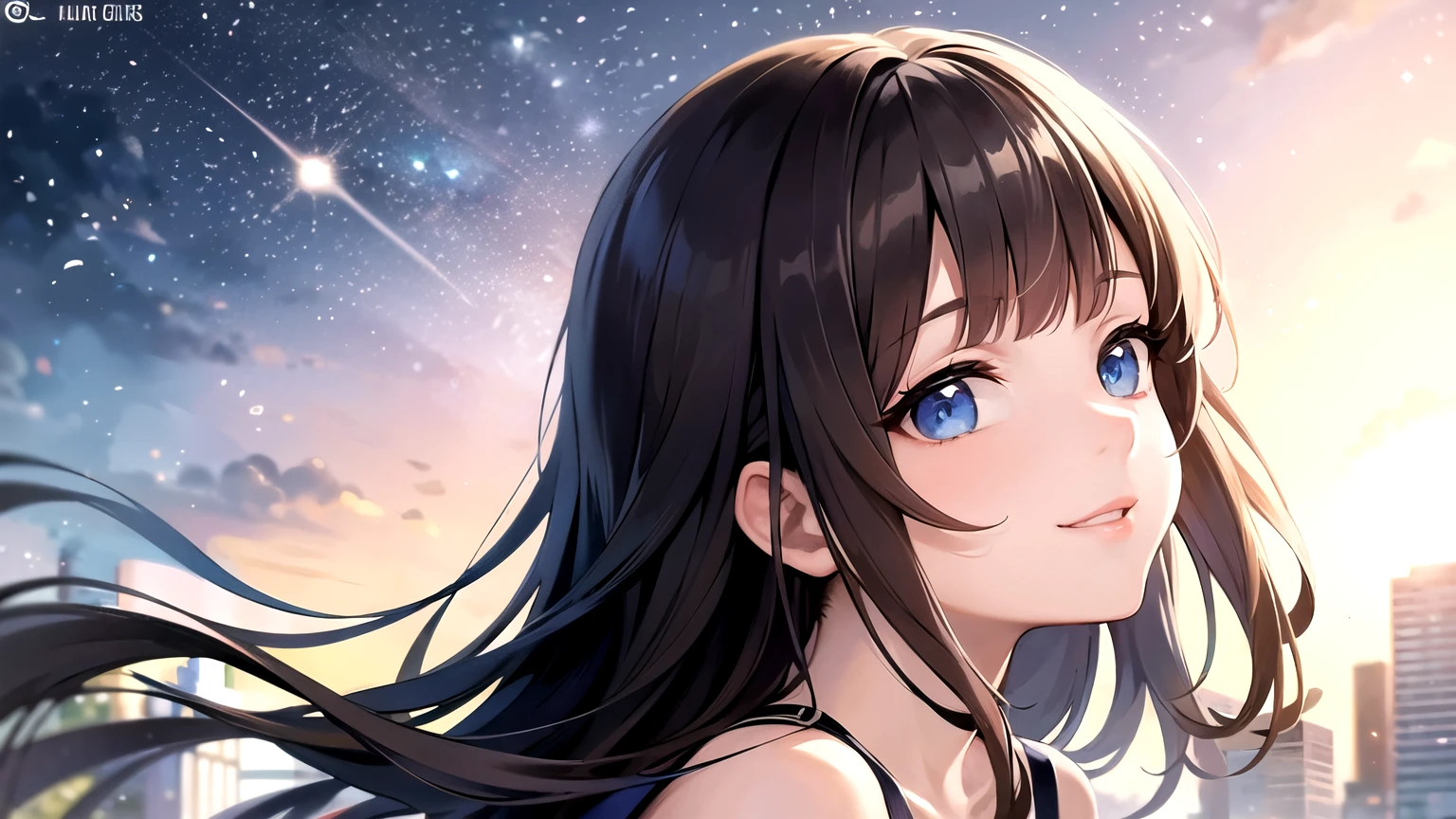 ((highest quality)), ((masterpiece)), (detailed), Perfect Face、profile、One Girl、Brown Hair、Long Hair、White dress、Looking up at the night sky、Cami dress、Bangs、Blue Eyes、Light in the eyes、Close your mouth、girl,blunt bangs、smile
