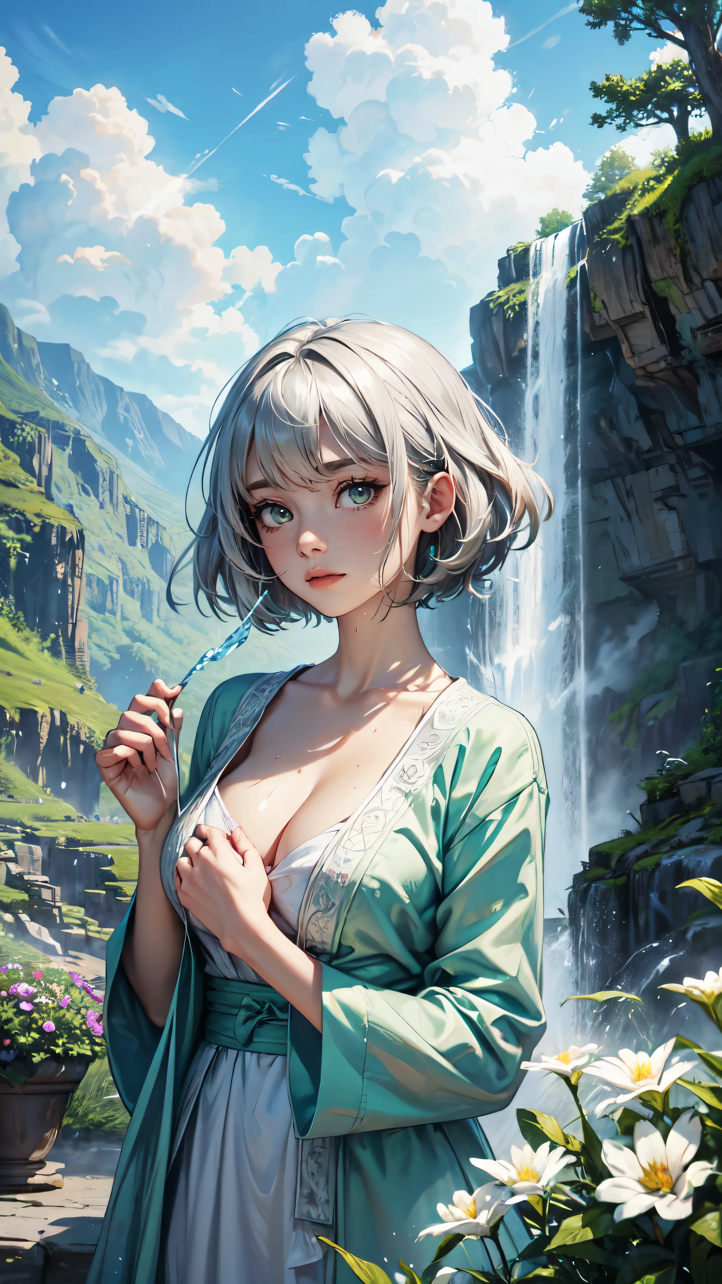 Tia is shown to have a fairly slender figure. She has white-grey hair , she has short hair and large pale green eyes, The girl enjoys the wonderful view of the waterfall and the surrounding landscape, and this can reflect on her face different expressions such as amazement, joy or peace. You may wear clothing that matches the surrounding nature, such as comfortable sportswear or a colorful traditional outfit. The girl may be standing conservatively at the edge of the waterfall, with the wind-blown stream of water hitting her face. They may be holding on to something to give them stability on the wet ground. The natural details around it can also be surprising, such as the green plants, rocks and flowers that surround the place. For the situation, the environment may be full of light and bright colors, making the picture look realistic and beautiful. The raging waterfall and the spray flying in the air give the scene an atmosphere of liveliness and movement, and there may be a rainbow in the background that adds to the beauty of the scene., cleavage exposed, big breasts, superior quality, many details, Puri focus Sharp and realistic,detailed face, detailed hands, detailed eys
