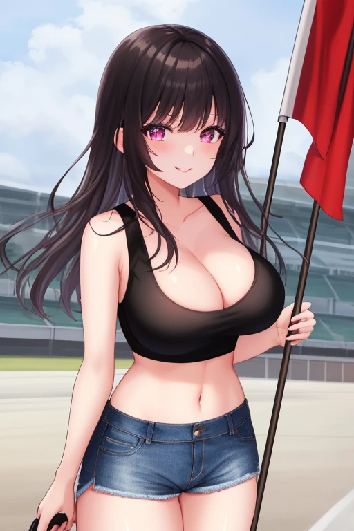 (best quality:1.3), (4K quality), (Detailed face:1.2), (Detailed eyes:1.2), 1girl, solo, Taiwanese woman, long black hair, With bangs,1 female in, 28 yo, Beautiful face, mascara, pink eyeshadow, glossy lips, red lipstick, closed mouth, smirk, big breasts, deep cleavage, pale skin, smiling, teeth, ((Wearing: Black tight tank top, Tight Denim short-shorts, black high-heel shoes)), ((holding a flag:1.3)), ((Background: Outside, empty race track)), the woman is an race queen, (Standing:1.3)