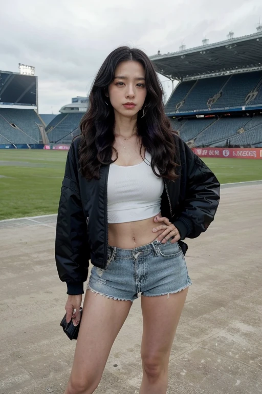 A mature woman standing in a huge stadium, Has black wavy hair, Wear sportswear,Jacket,Tight shorts, Full figure, Long legs,Exquisite facial features, Lifelike image quality, An Asian woman, Age about 40 years, Surrealism