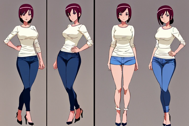 (((Multiple views of the same person))) ，Three-orthographic drawings Generate three-orthographic drawings, That is, the front view,Side and back view, Beautiful female characters，Character Design，White T-shirt、Skinny jeans、High heels、Highly detailed characters，anime、