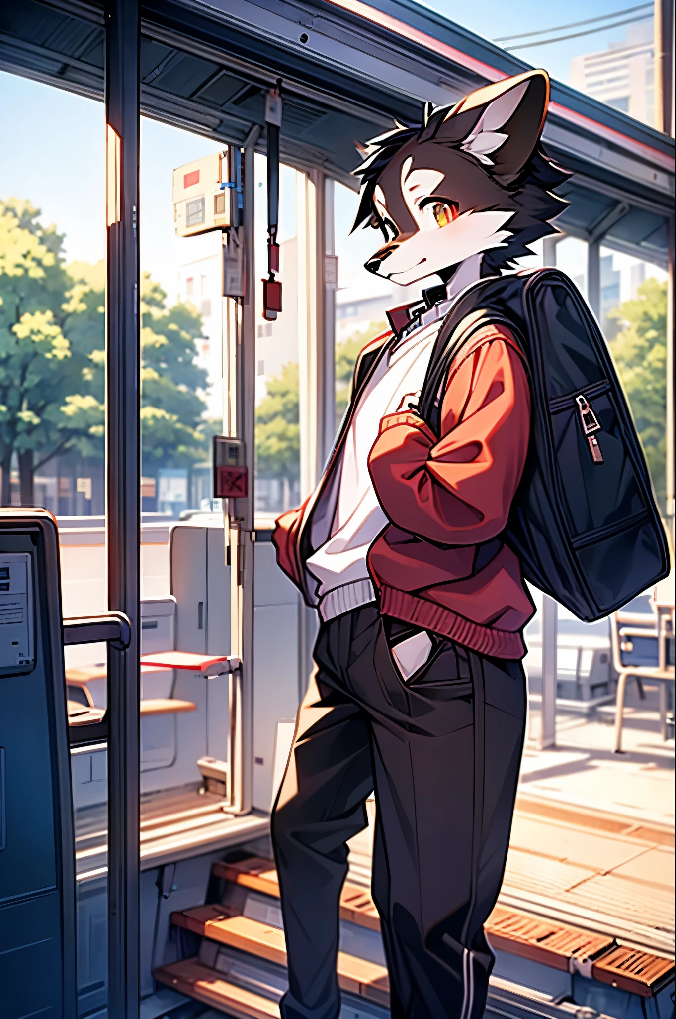 Border collie boy,high school student,uniform,Age 15 years old,Going to school by train,