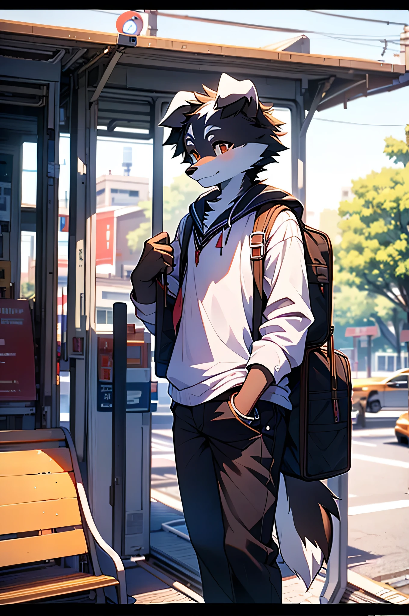 Border collie boy,high school student,uniform,Age 15 years old,Going to school by train,