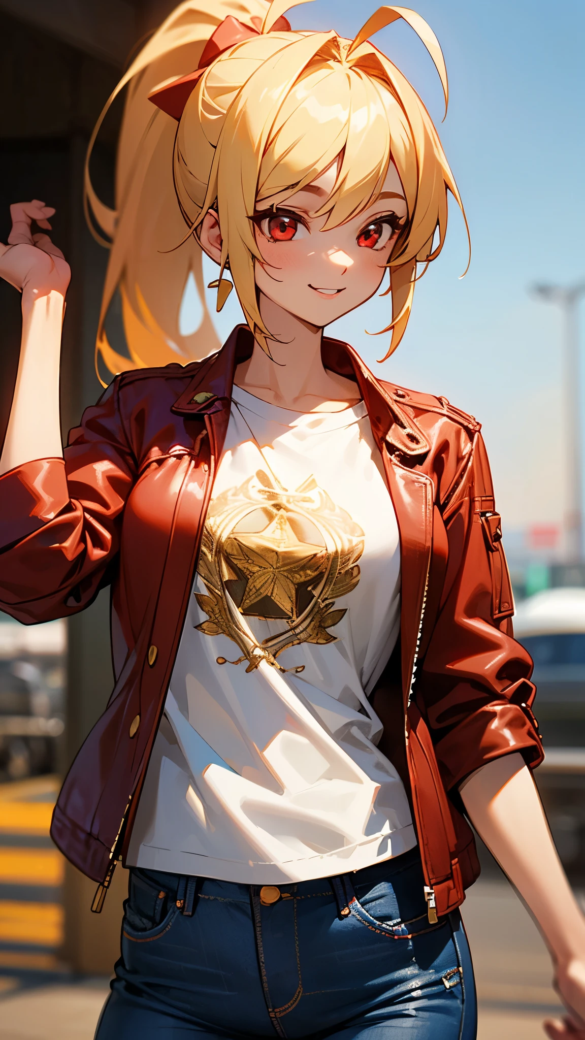 1 girl、8k、Sharp focus、(Bokeh) (highest quality) (Detailed skin:1.3) (Intricate details) (anime)、、Blonde ponytail、Ahoge、Beautiful red eyes、smile、White T-shirt、Red leather rider jacket、Blue Jeans Pants、Cowboy Shot、Golden Hour Sky