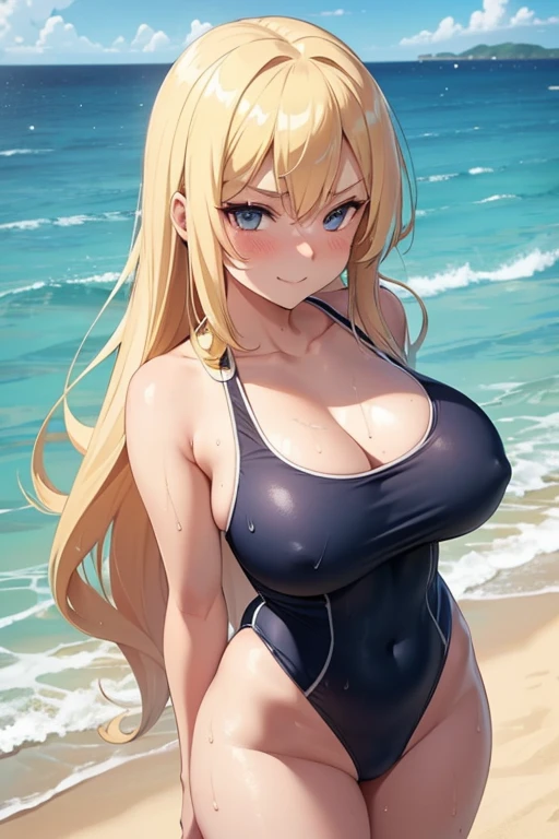 16, girl, long blonde hair, big breasts, seductive stance,swim clothes, on beach, smirking, no blush, naughty looking, teasing , wet