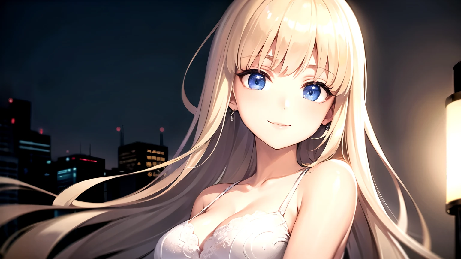 ((highest quality)), ((masterpiece)), (detailed), Perfect Face、profile、One Girl、Light Brown Hair、Long Hair、White dress、NightLook up at the sky、Cami dress、Bangs、Blue Eyes、Light in the eyes、Close your mouth、girl,blunt bangs、smile、night