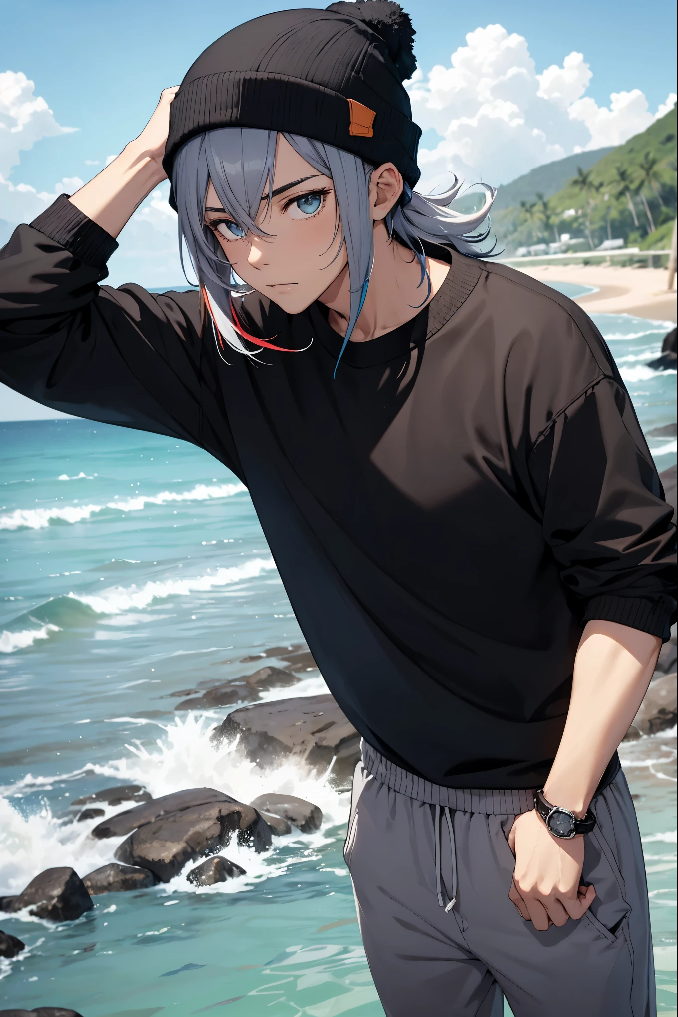 multi-color haired, two toned hair, young male, water in the background, surrounded by grass, beach background, black shirt, bangs covering head, medium length hair, grey pants, one male, lean build, wearing beanie