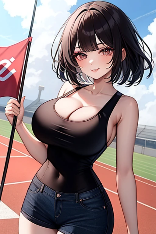 (best quality:1.3), (4K quality), (Detailed face:1.2), (Detailed eyes:1.2), 1girl, solo, Taiwanese woman, long black hair, With bangs,1 female in, 28 yo, Beautiful face, mascara, pink eyeshadow, glossy lips, red lipstick, closed mouth, smirk, big breasts, deep cleavage, pale skin, smiling, teeth, ((Wearing: Black tight tank top, Tight Denim short-shorts, black high-heel shoes)), ((holding a flag:1.3)), ((Background: Outside, empty race track)), the woman is an race queen, (Standing:1.3)