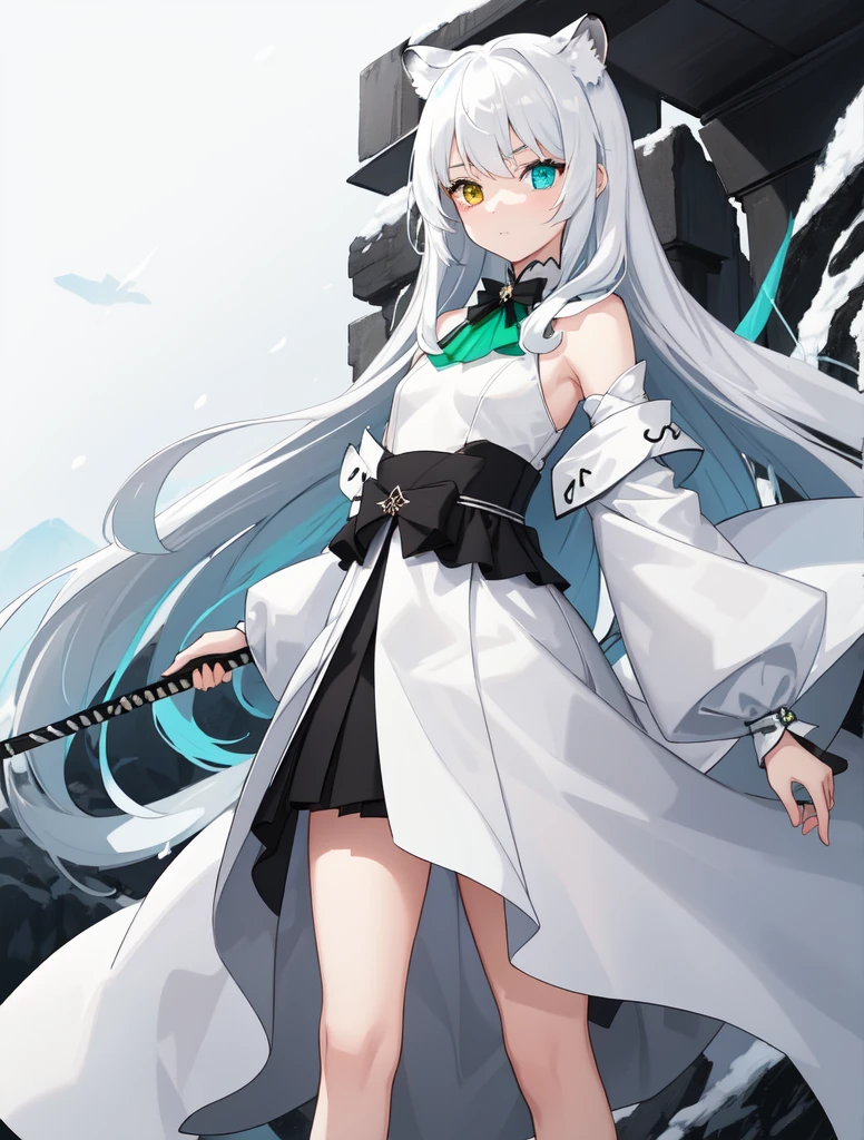 A small with a flat AA-size chest. Her proportions include an extremely flat chest. She has heterochromia, her right eye is a deep emerald green, and her left eye is bright diamond blue. Her features include snow-white hair fluttering behind her, ears of a white tiger atop her head, and a tail of a white tiger. She sports a flowing white cloak that billows behind her and dual-wields two white katanas. Her stance is confident and mature, her expression focused and calm. Her clothes cover her completely. angel-like cuteness. dramatic background