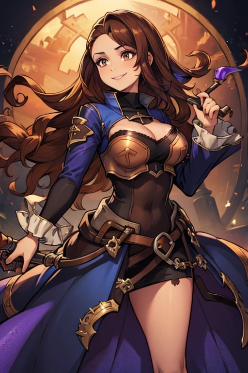 A brown haired woman with copper eyes and an hourglass figure in a cute gothic witch dress is  holding a purple wand with a big smile