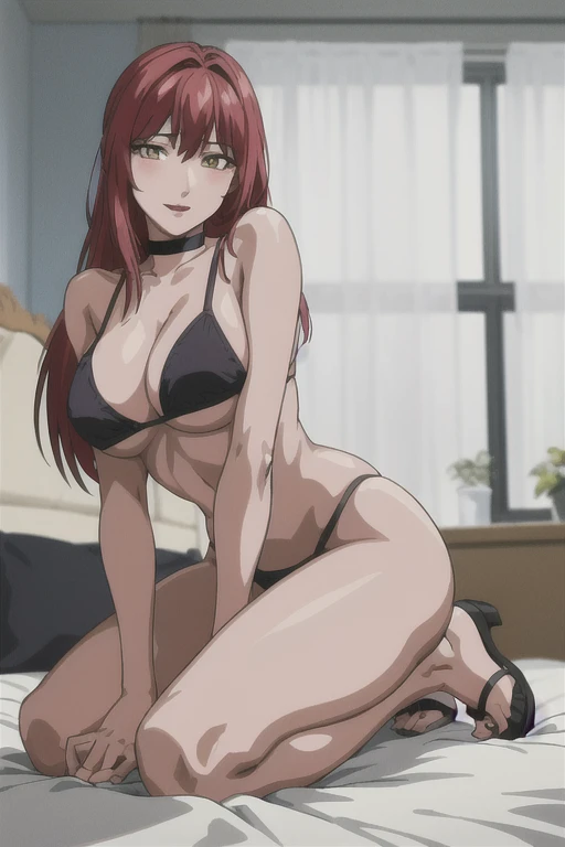 masterpiece, best quality, highres, 1 girls, hirokotakashiro, micro red bikini , bedroom, full body shot, (smug:0.3), looking at viewer, focus solo, sexy pose, crossing legs, mature, flip flops, detailed feet, busty, cleavage, redhead, seductive, dangling shoes, red eyeshadow, glossy lips, black choker, long hair, sitting on bed, complete body, seducing, yellow eyes, kneeling, undressing, pleasure face,