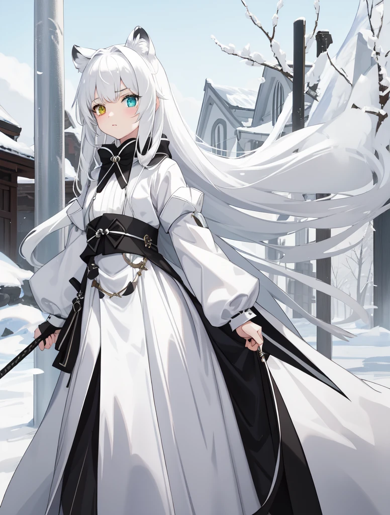 A small 10-year-old girl with a flat AA-size chest. Her proportions include an extremely flat chest. She has heterochromia, her right eye is a deep emerald green, and her left eye is bright blue. Her features include snow-white hair fluttering behind her, ears of a white tiger atop her head. She sports a flowing white cloak that billows behind her and dual-wields two white katanas. Her stance is confident and mature, her expression focused and calm. Her clothes cover her completely. angel-like cuteness. dramatic background