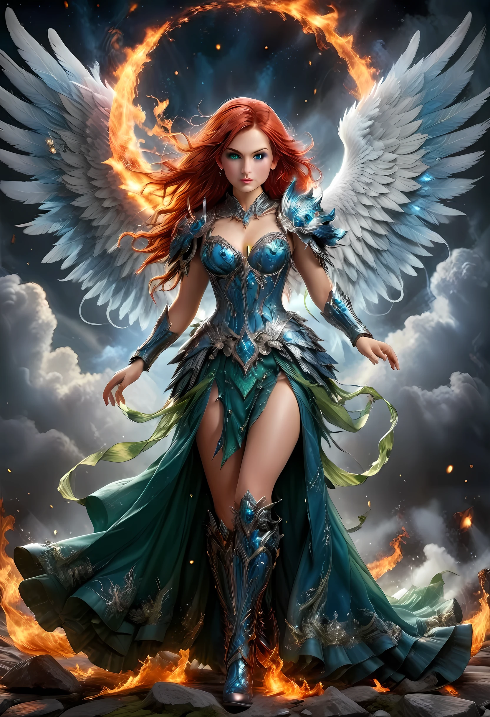 16k, ultra detailed, masterpiece, best quality, (extremely detailed), arafed, dnd art, panoramic view, full body, aasimar, female, (Masterpieceת intense details:1.3), female, sorceress, casting flaming spell(Masterpieceת intense details:1.3) large feathered wings,(white: 1.3) angelic wings spread (Masterpieceת intense details:1.3), fantasy magical heaven background (Masterpieceת intense details:1.3), moon, stars, clouds, wearing (azure: 1.3) armor (Masterpieceת intense details:1.3), high heeled boots (Masterpieceת intense details:1.3), armed with staff, (red hair: 1.4), (green eyes: 1.4), intense eyes, ultra feminine, ultra detailed face, (Masterpieceת intense details:1.5), (anatomically correct: 1.5), determined face, divine light, cinematic lighting, soft light, silhouette, photorealism, panoramic view ((Masterpieceת intense details:1.3) , Wide-Angle, Ultra-Wide Angle, 16k, highres, best quality, faize, 2.5D rendering, evening dress