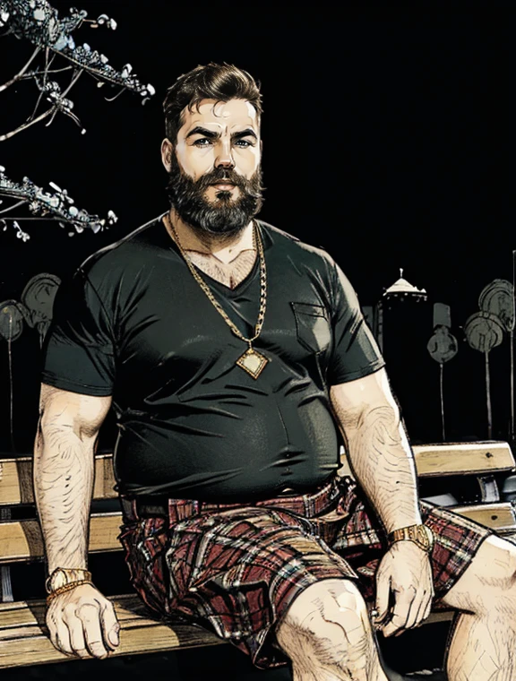 He is sitting with his legs open and resting one arm on the park bench., He is a chubby man, with extremely thick thighs, a large belly, fat, 50 years old, bearded, with a huge beard, wearing an open, unbuttoned plaid t-shirt, usando apenas sunga branca meias pretas, gold chain neck rings, watch on wrist, pulseiras no pulso, fotografia de Corpo completo imagem de corpo inteiro, low side angles.