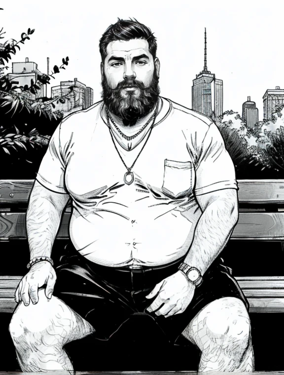 He is sitting with his legs open and resting one arm on the park bench., He is a chubby man, with extremely thick thighs, a large belly, fat, 50 years old, bearded, with a huge beard, wearing an open, unbuttoned plaid t-shirt, usando apenas sunga branca meias pretas, gold chain neck rings, watch on wrist, pulseiras no pulso, fotografia de Corpo completo imagem de corpo inteiro, low side angles.