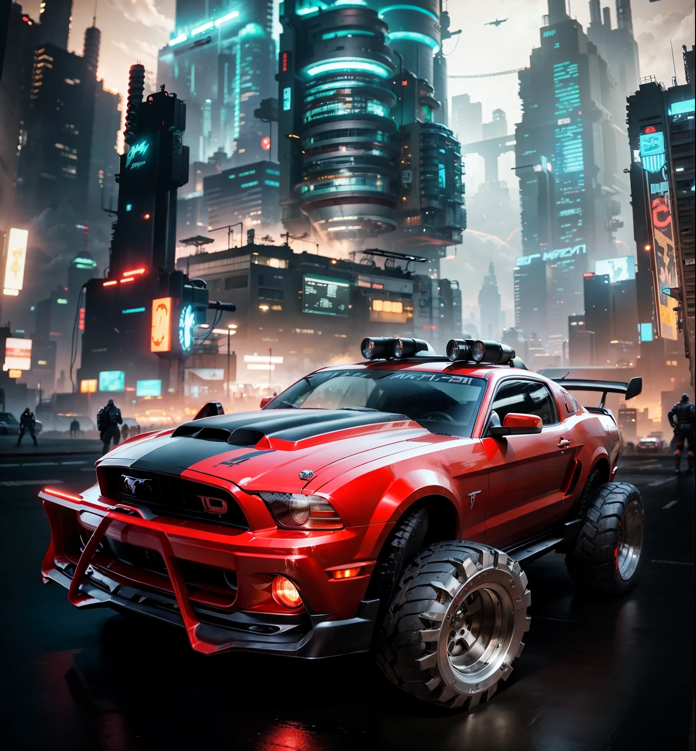 A super customised muscle car Red Mustang great carburetors in the hood Sci fi style headlights on in the foreground, in the background is a sci fi factory cyberpunk style in a scy fi style city