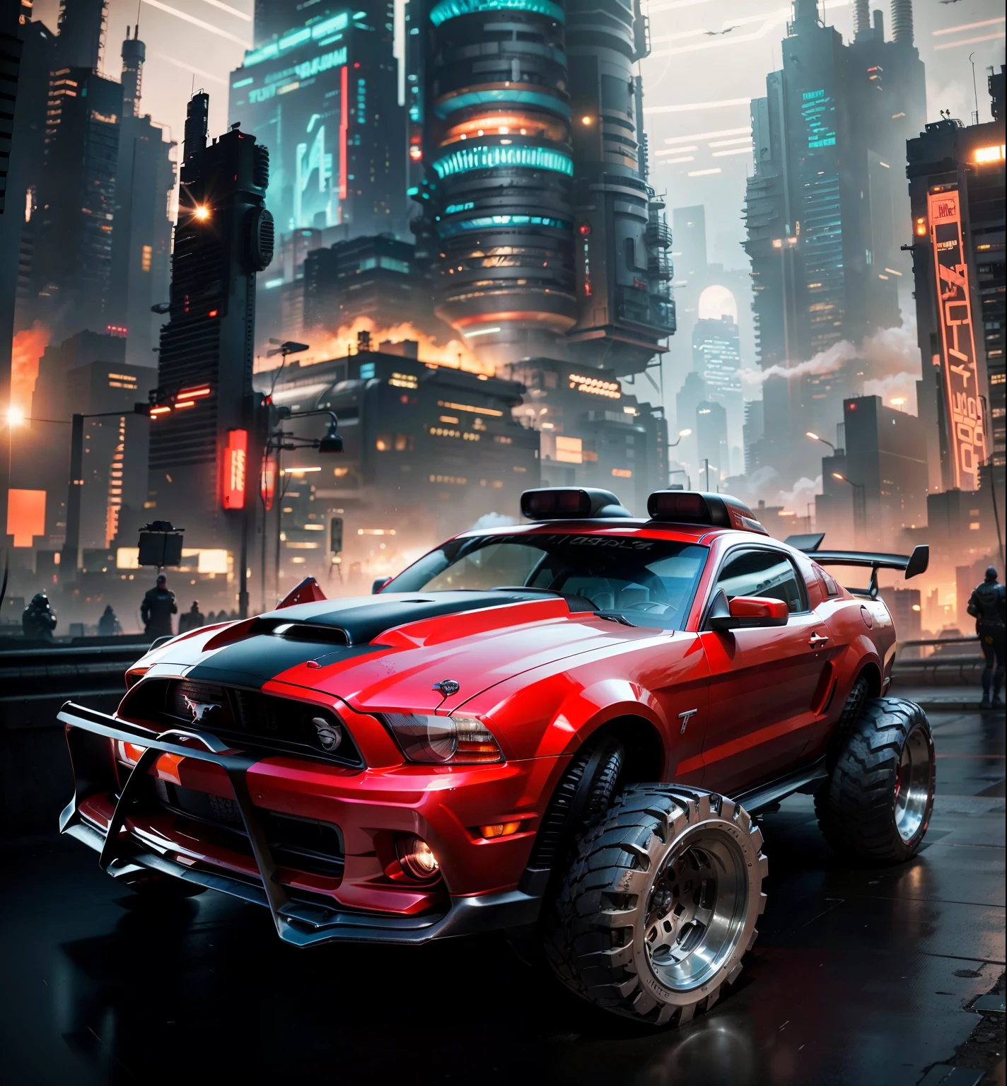 A super customised muscle car Red Mustang great carburetors in the hood Sci fi style headlights on in the foreground, in the background is a sci fi factory cyberpunk style in a scy fi style city