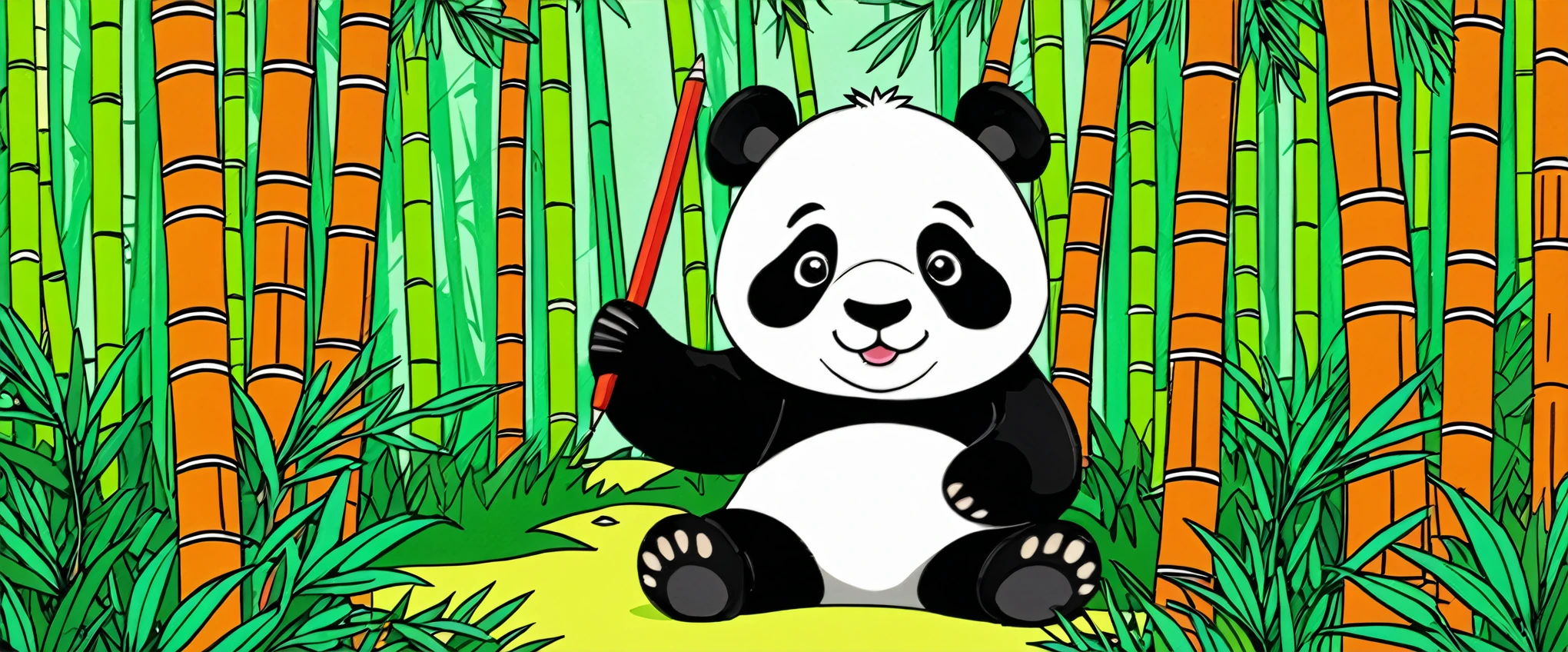make a shibi panda whith a a color marker text style art kids and a forrest with many trees and bamboos aquarela style