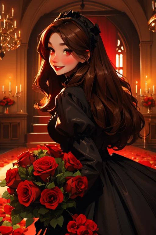 A brown haired woman with red eyes and an hourglass figure in a gothic lolita dress is holding bouquet of red roses with a big smile and a blush in a gothic castle