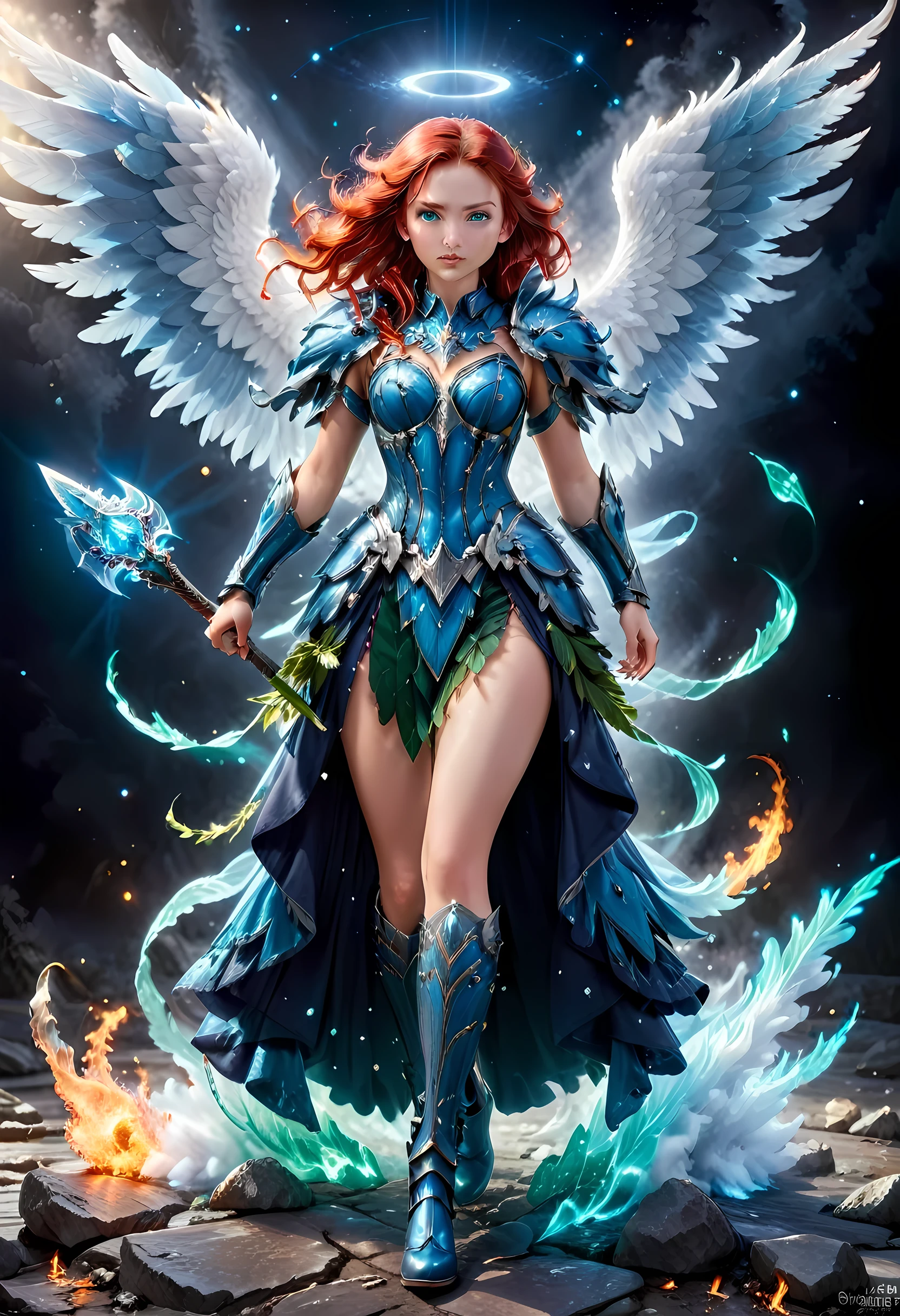 modisn disney, 16k, ultra detailed, masterpiece, best quality, (extremely detailed), arafed, dnd art, panoramic view, full body, aasimar, female, (Masterpieceת intense details:1.3), female, sorceress, casting flaming spell(Masterpieceת intense details:1.3) large feathered wings,(white: 1.3) angelic wings spread (Masterpieceת intense details:1.3), fantasy magical heaven background (Masterpieceת intense details:1.3), moon, stars, clouds, wearing (azure: 1.3) armor (Masterpieceת intense details:1.3), high heeled boots (Masterpieceת intense details:1.3), armed with staff, (red hair: 1.4), (green eyes: 1.4), intense eyes, ultra feminine, ultra detailed face, (Masterpieceת intense details:1.5), (anatomically correct: 1.5), determined face, divine light, cinematic lighting, soft light, silhouette, photorealism, panoramic view ((Masterpieceת intense details:1.3) , Wide-Angle, Ultra-Wide Angle, 16k, highres, best quality, faize, 2.5D rendering, evening dress