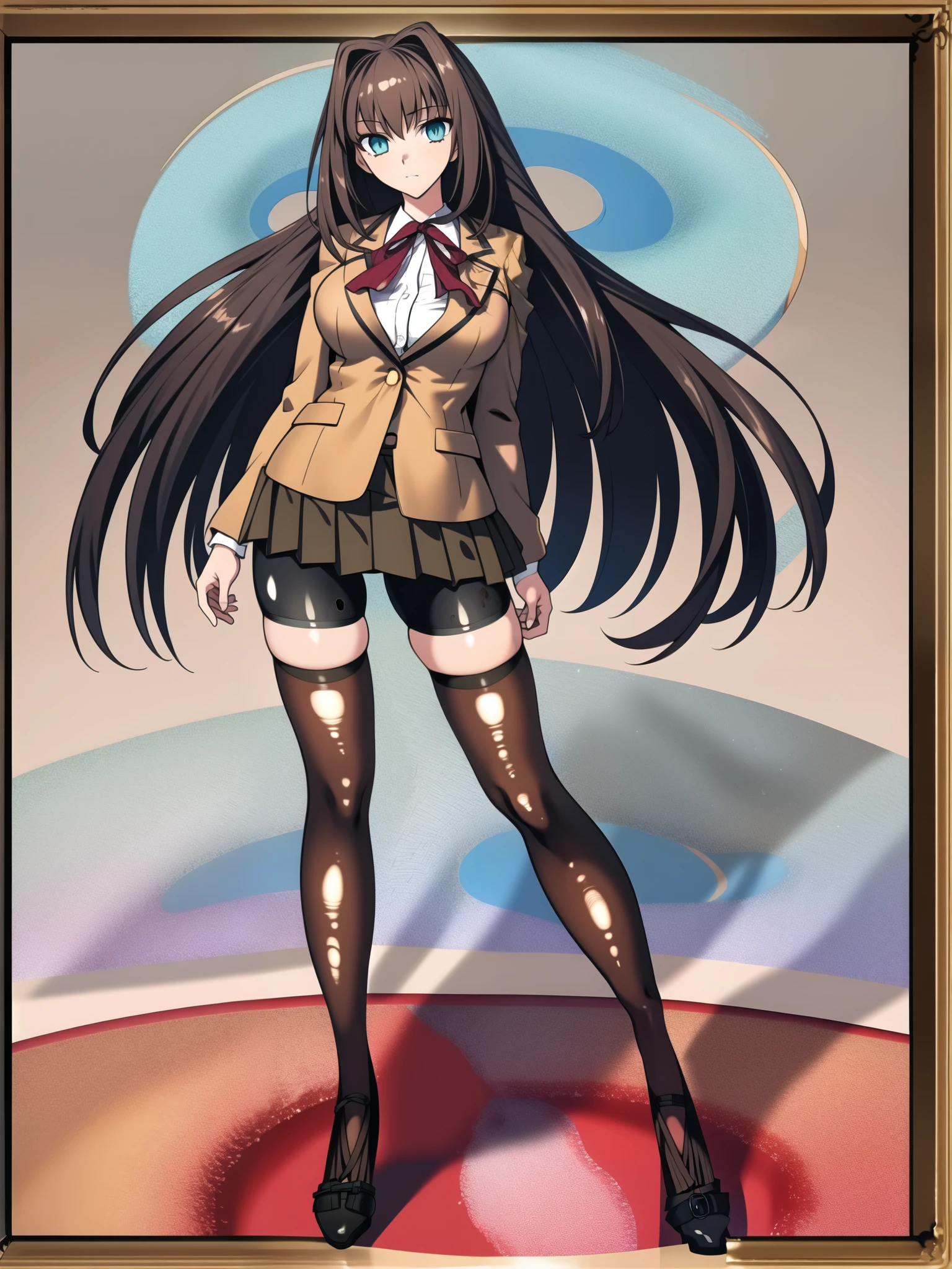 BREAK, blank background, white background, (EMPTY BACKGROUND), BREAK (masterpiece:1.2), best quality, high resolution, 8k, illustration, (beautiful detailed eyes:1.6), extremely detailed face, extremely detailed, CG, perfect hands, perfect anatomy, (((1girl:1.5))), (((solo))), (((bbaoko:1)), (((2 legs max:1.7))), (((2 feet max:1.6))), ((swirling vortex shaped longest brown hair:1.5)), (brown longest hair with slightly reddish undertone:1.6), (lush luscious longest brown hair:1.6), (very long voluminous longest brown hair:1.5), serious, blue eyes, red bowtie, (Form-fitting beige blazer:1.5), brown jacket, (highly detailed beautiful face:1.2), (white shirt:1), (well shaped large breasts:1.6), (nice hips:1), (((Umber pleated thigh-high skirt:1.6))), (((black bike shorts:1.4))), (2 nice visible thighs:1.6), (symmetrical thigh-high black colored stockings:1.6), (strap shoes brown color), (facing front:1.5), ((standing straight:1.5)), ((Fullbody in frame:1.6)), ((Full body:1.5))
