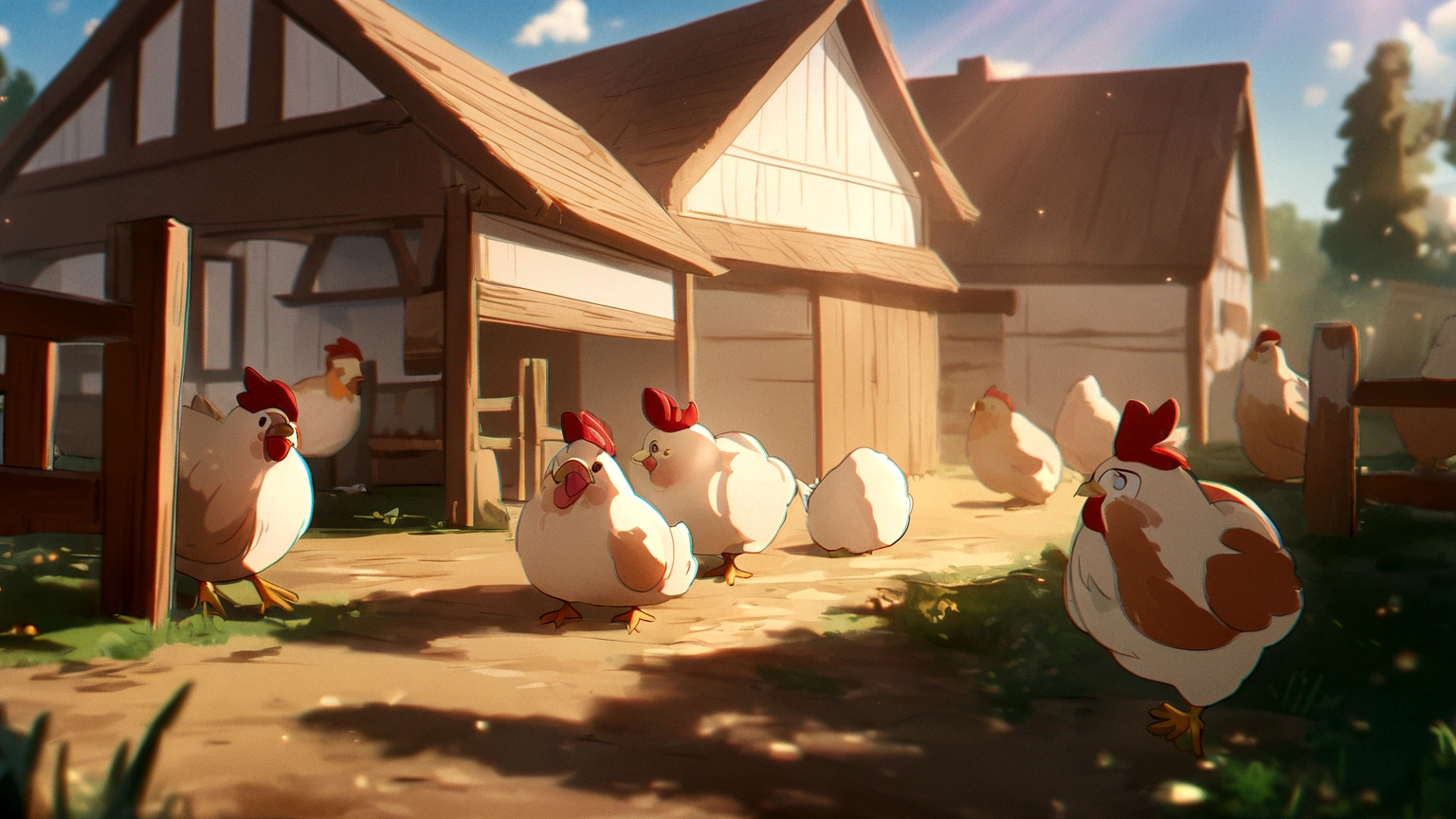 a chicken with a gun in a farm, cats are surrounded her, a couple of farm houses behind the chicken and they are distant, anime style, depth of field, god rays, chromatic aberration, best quality, highres, high details, accurate