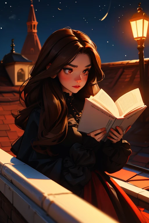 A brown haired woman with red eyes and an hourglass figure in a gothic lolita dress is reading on a roof at night