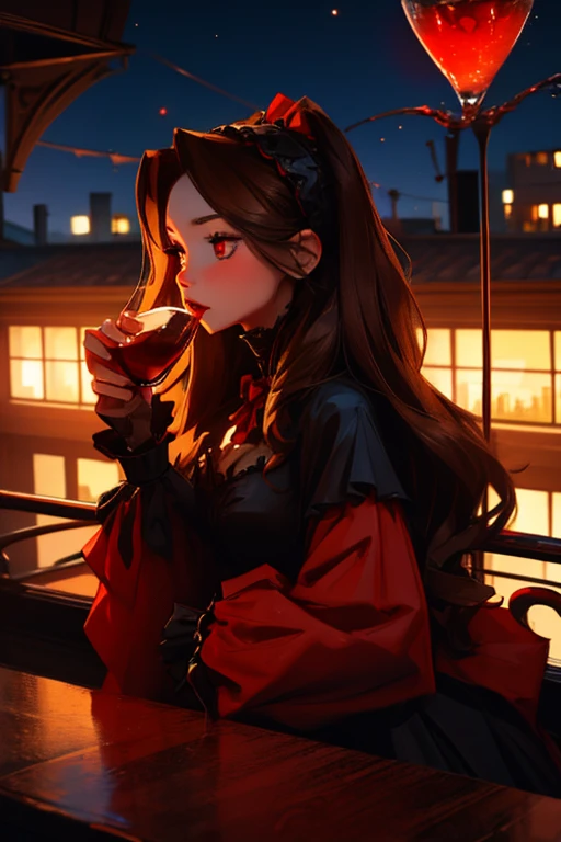 A brown haired woman with red eyes and an hourglass figure in a gothic lolita dress is drinking blood on a rooftop at night