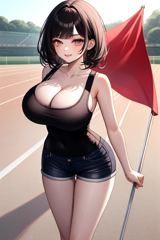 (best quality:1.3), (4K quality), (Detailed face:1.2), (Detailed eyes:1.2), 1girl, solo, Taiwanese woman, long black hair, With bangs,1 female in, 28 yo, Beautiful face, mascara, pink eyeshadow, glossy lips, red lipstick, closed mouth, smirk, big breasts, deep cleavage, pale skin, smiling, teeth, ((Wearing: Black tight tank top, Tight Denim short-shorts, black high-heel shoes)), ((holding a flag:1.3)), ((Background: Outside, empty race track)), the woman is an race queen, (Standing:1.3)
