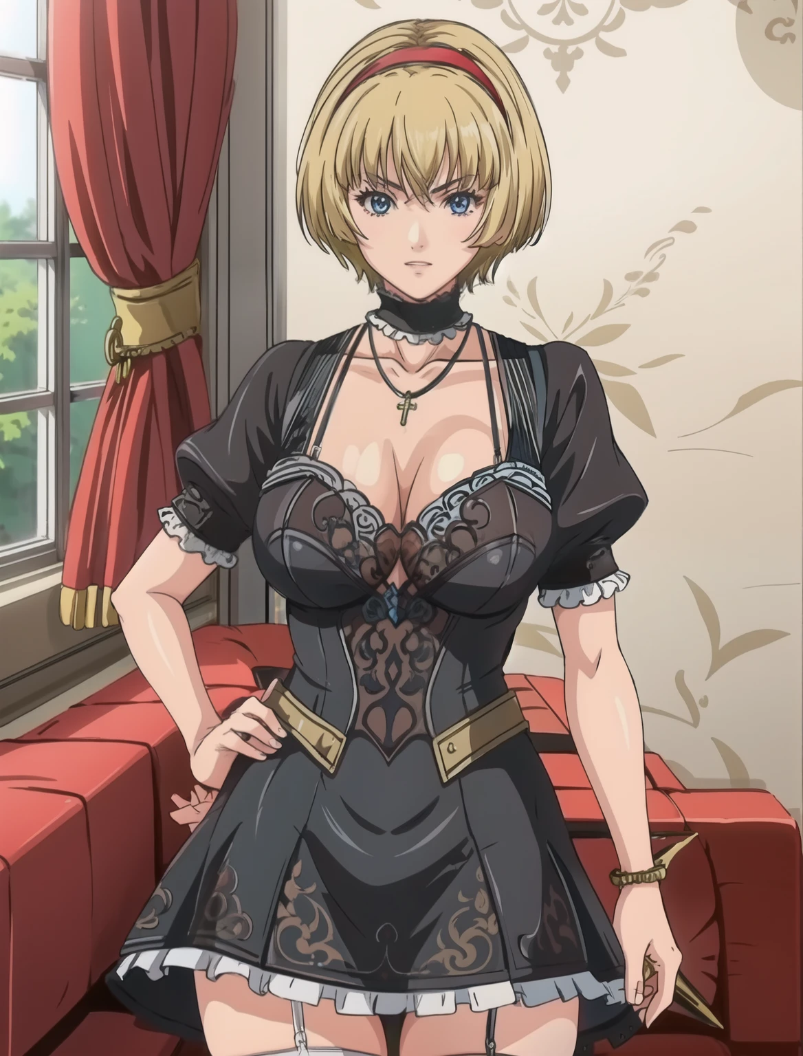 (high quality:1.1), cinematic lighting, extremely detailed, shadow,MarisaMamiya, 1girl, solo, hand on hip, hand on own face,  cowboy shot,looking at viewer, scowl, teeth,blonde hair, short hair, detailed hair, hairband, blue eyes, jewelry, necklace, cross, choker,black dress, skirt, white thighhighs,large breasts, cleavage,luxury mansion, royal room, windows, complex background,