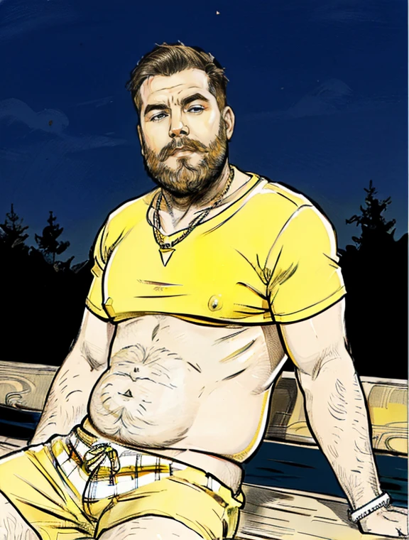 He is sitting with his legs open and resting one arm on the park bench., He is a chubby man, with extremely thick thighs, a large belly, fat, 50 years old, bearded, with a huge beard, wearing an open, unbuttoned plaid t-shirt, usando apenas sunga branca meias pretas, gold chain neck rings, watch on wrist, pulseiras no pulso, fotografia de Corpo completo imagem de corpo inteiro, low side angles. Detailed image dynamic image. (((He is not wearing any clothes in the image, just white or yellow swim trunks))).