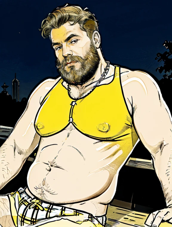 He is sitting with his legs open and resting one arm on the park bench., He is a chubby man, with extremely thick thighs, a large belly, fat, 50 years old, bearded, with a huge beard, wearing an open, unbuttoned plaid t-shirt, usando apenas sunga branca meias pretas, gold chain neck rings, watch on wrist, pulseiras no pulso, fotografia de Corpo completo imagem de corpo inteiro, low side angles. Detailed image dynamic image. (((He is not wearing any clothes in the image, just white or yellow swim trunks))).