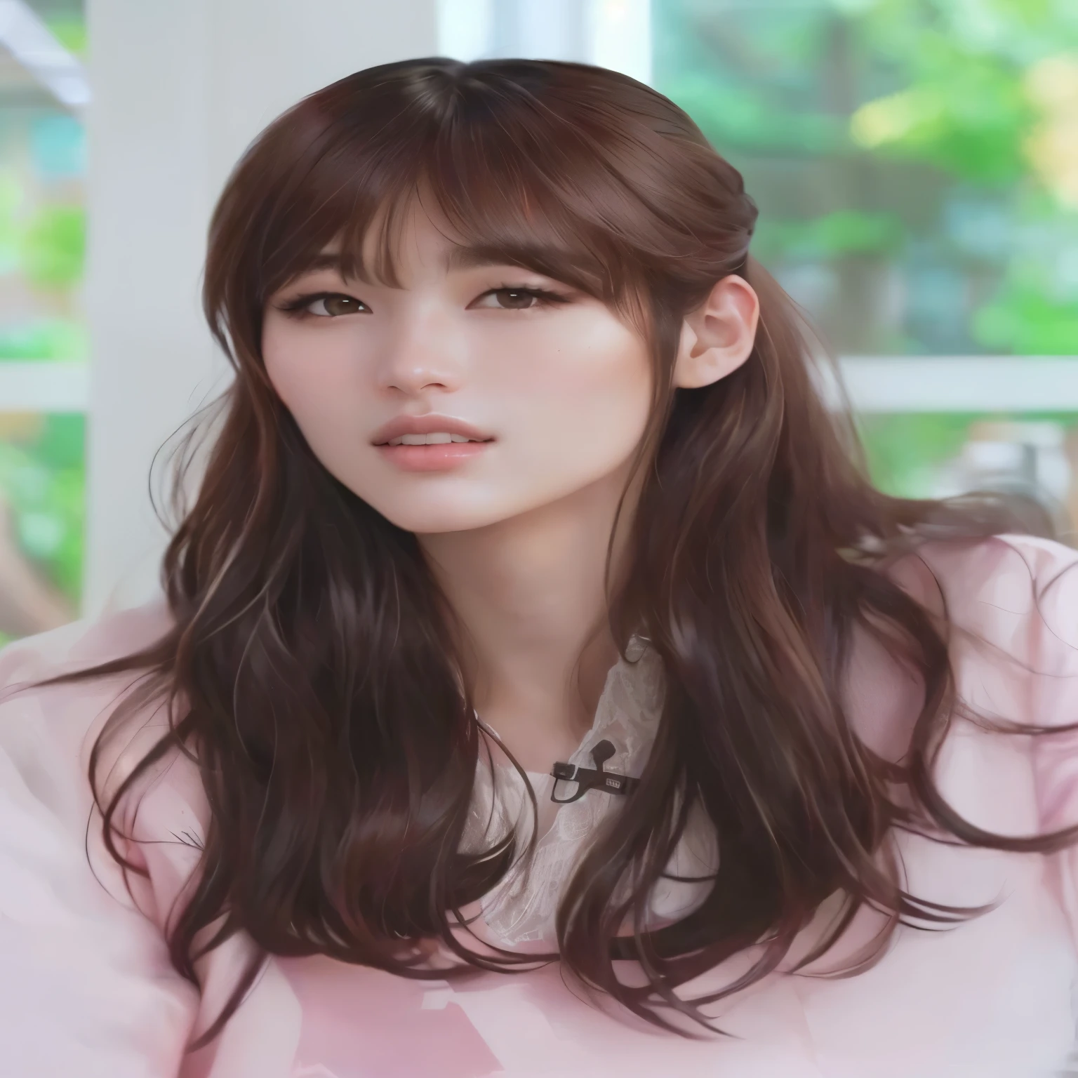 a woman with long brown hair sitting and looking at the camera, Bae Suzy, Con flequillo, neat hair Con flequillo, flequillo esponjoso, linda actriz coreana, brown hair and bangs, brown bangs, brown hair Con flequillo, brown long hair Con flequillo, con flequillo completo, Flequillo con raya al centro, long hair Con flequillo, flequillo contundente cae sobre su frente