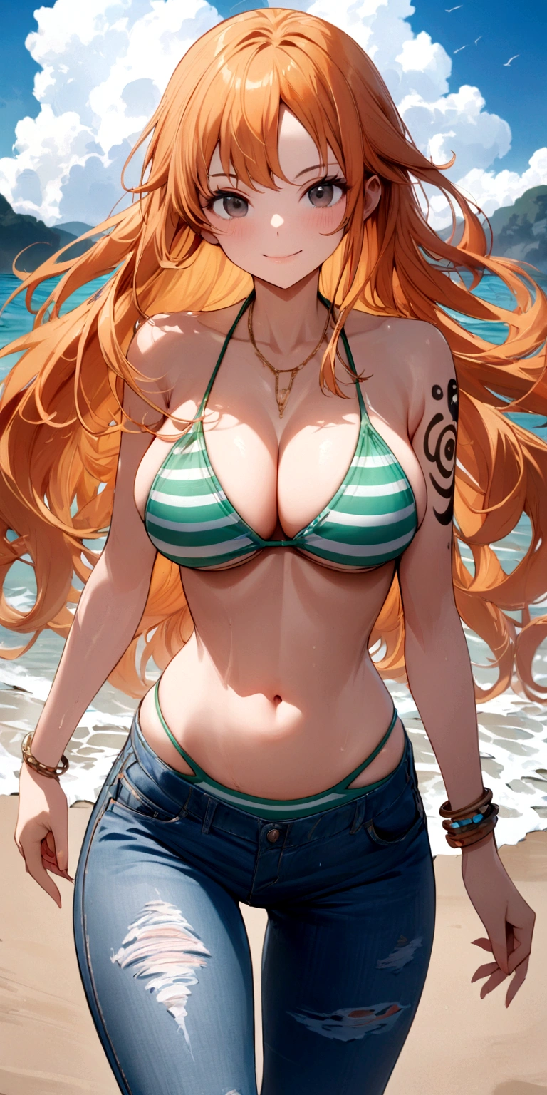 masterpiece, best quality, very aesthetic, absurdres, nami_(one_piece), 1girl, long_hair, orange_hair, grey_eyes, arm_tattoo,large_breasts,navel, blue denim pants, jeans, green_bikini, striped_bikini, swimsuit, bracelet, jewelry, cowboy_shot, on beach,smile, looking at viewer