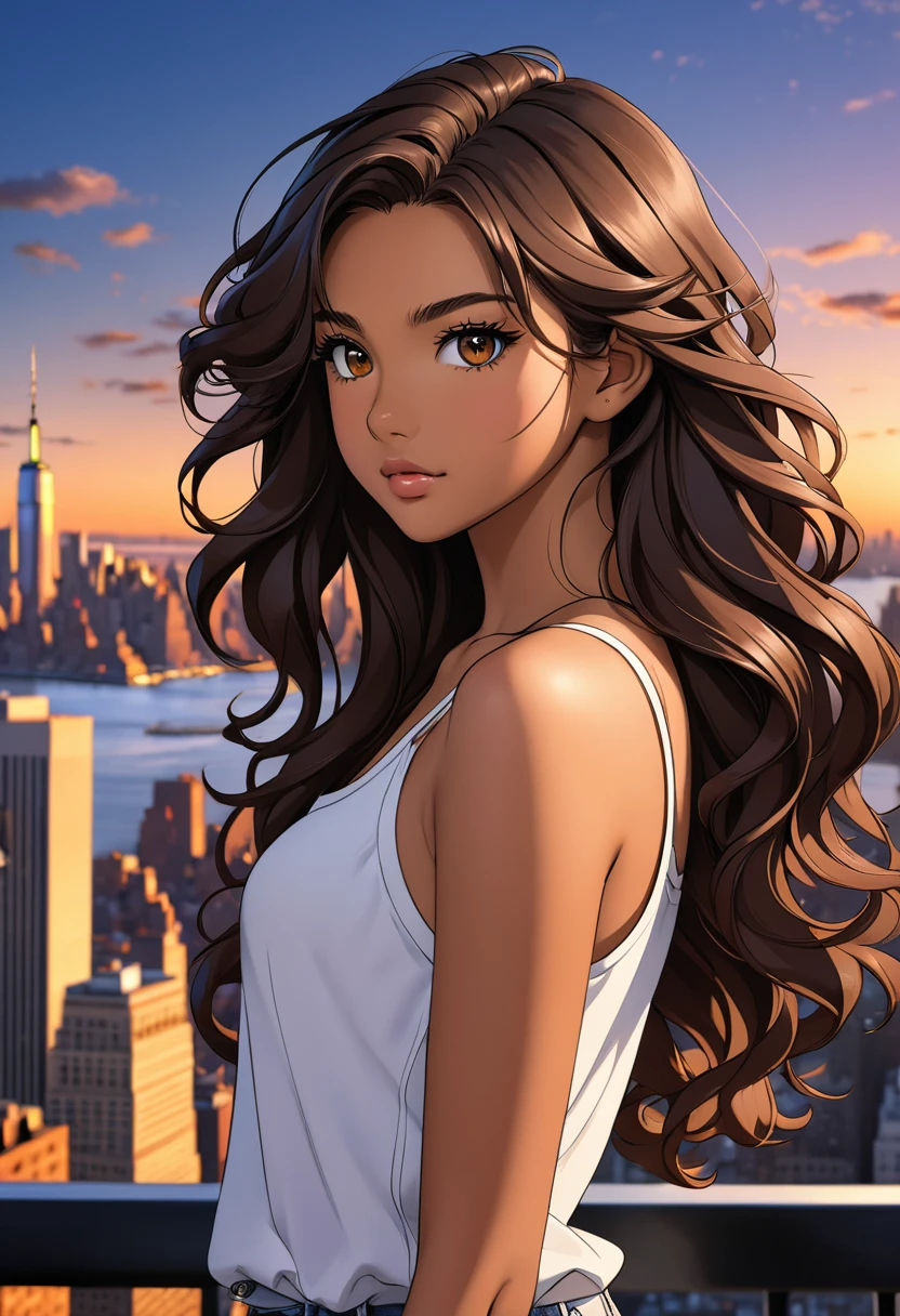 anime, 18 years old, model, dark wavy hair, deep dark tan, brown eyes, nyc background