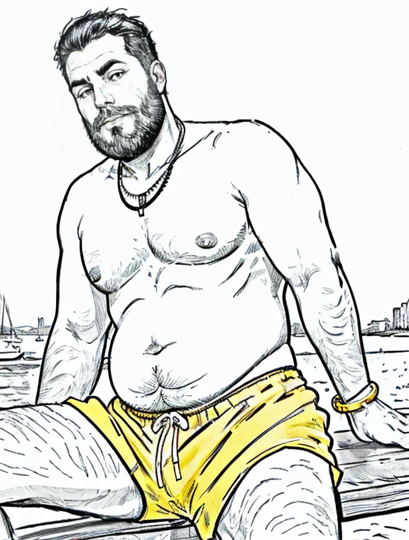 He is sitting with his legs open and resting one arm on the park bench., He is a chubby man, with extremely thick thighs, a large belly, fat, 50 years old, bearded, with a huge beard, wearing no clothing on his body, just swimming trunks, cueca box, , usando apenas sunga branca meias pretas, gold chain neck rings, watch on wrist, pulseiras no pulso, fotografia de Corpo completo imagem de corpo inteiro, low side angles. Detailed image dynamic image. (((He is not wearing any clothes in the image, just white or yellow swim trunks))).