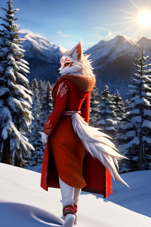 Okami Amanterasu diosa del sol furry, con una chamarra roja, looking at the trees, in a snowy pine forest with mountains in the background, beautiful y tierna, furry, HD 3D 4k