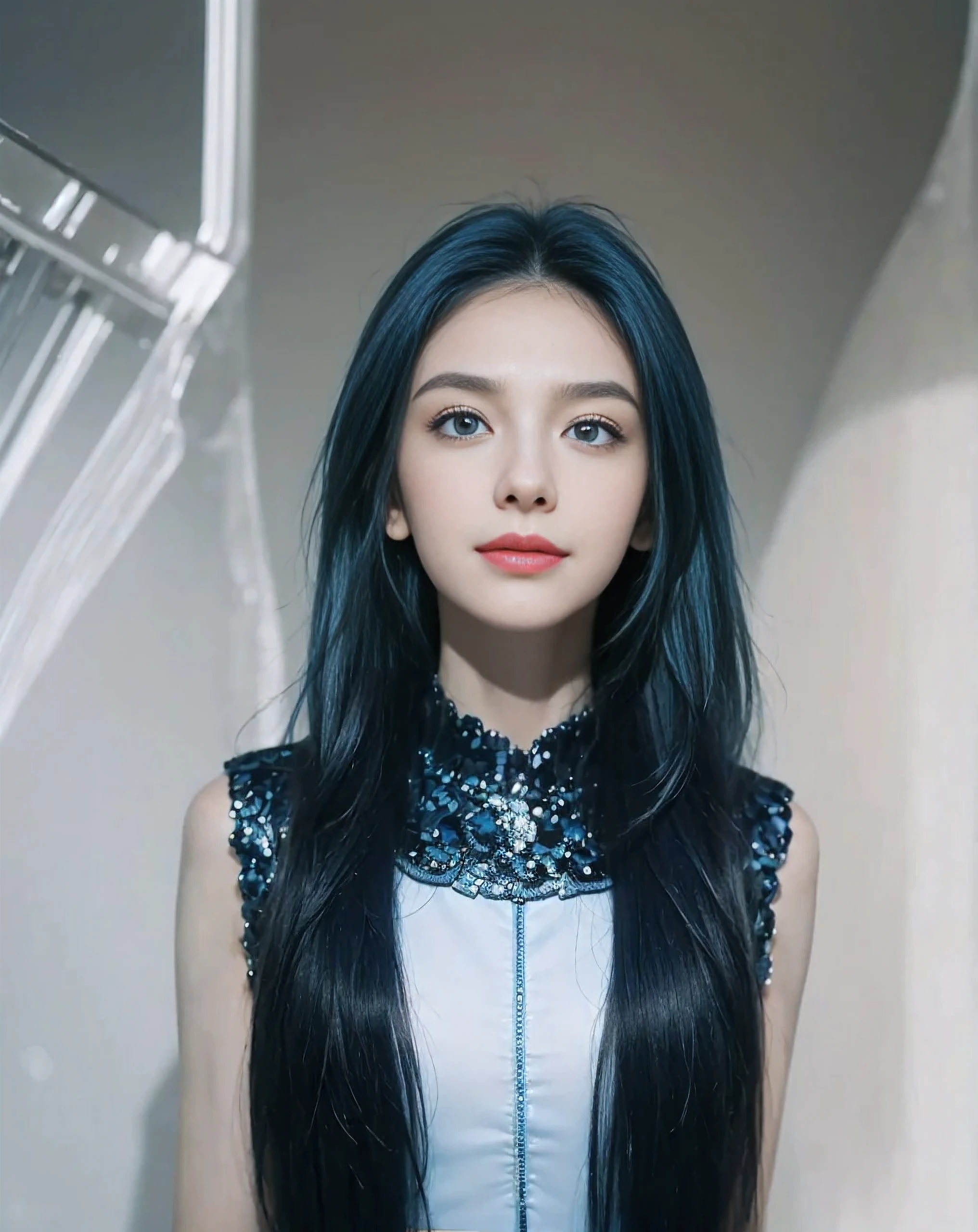 8K, Top Quality, Intricate Details, Ultra Detail, Ultra High Resolution, Masterpiece, random angle,  Slender, Smile, (Makeup: 0.4), (Fluffy Blue Eyes: 1.21), blue Eyes, looking at viewer, ((full body)), 1girl, solo, 1 girl, (( full body)), close up shot, , ((tall)), (((fit body))), (((slim face))), sharp face, sharp eyes, (((deep blue hair, , )) , (detailed face), sharp face, small lips,  ,
 (( )), (ice crop top)),  detailed face, detailed breast, , large breast, detail ass, , Beautiful girl with accentuated slender abs: 1.4, Six Pack Abs: 1.4, Bust Botox, Big, Perfect Body, detail leg, ((volcano)), fire on background