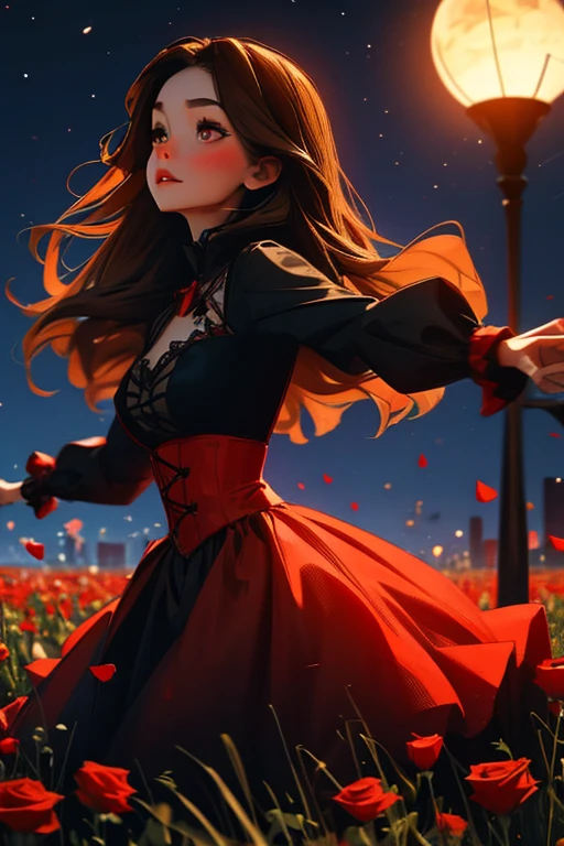 A brown haired woman with red eyes and an hourglass figure in a gothic ta dress is dancing in a field of roses at night