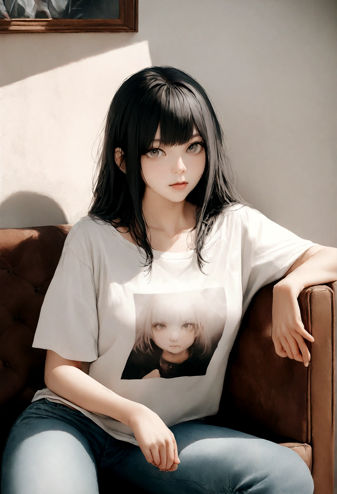 1fille,Seulement,Best quality, chef-d'artwork, 8k,brut photo, photo (objet), Extremely detailed, brut,Realistic,session, regarder le spectateur,jeans,t-shirt blanc,cheveux longs,Cheveux noirs, couch,