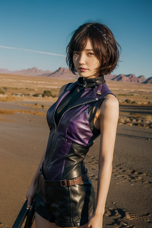 girl, Bobcut, Leather Fashion, Purple and black bondage, 
Mad Max風の衣装コスプレ 10代のgirl, cute, Bobcut, 
Leather Fashion, Purple and black bondage, desert, Brown Hair, slender, 
Dry Moorland, sunshine, Outdoor, オーストラリアのdesert, desert, Modified car, Mad Max,
