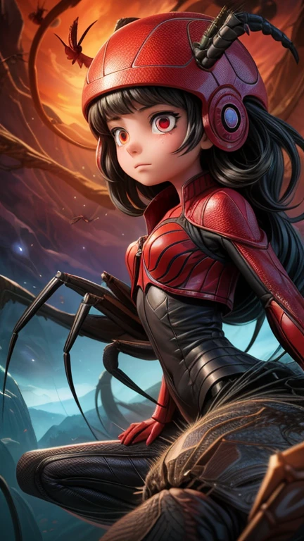 a girl riding on a large spider, girl with long hair, girl in school uniform, girl with determined expression, giant spider, detailed insect anatomy, spider with glowing red eyes, fantasy landscape, surreal environment, vibrant colors, dramatic lighting, digital illustration, cinematic composition, highly detailed, photorealistic, 8k, masterpiece