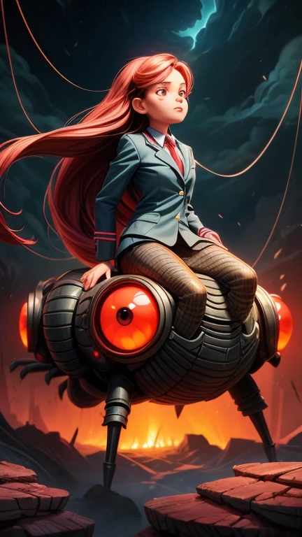 a girl riding on a large spider, girl with long hair, girl in school uniform, girl with determined expression, giant spider, detailed insect anatomy, spider with glowing red eyes, fantasy landscape, surreal environment, vibrant colors, dramatic lighting, digital illustration, cinematic composition, highly detailed, photorealistic, 8k, masterpiece
