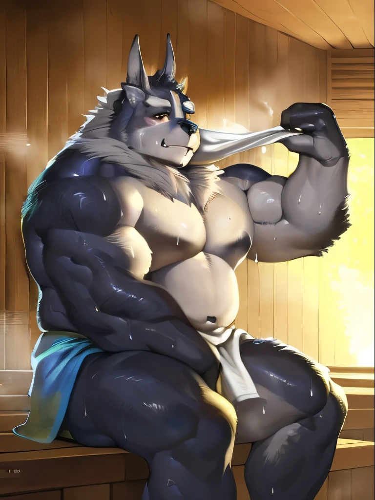 Masterpiece, 8k, best details, (((realistic detailed))), wallpaper, ((best quality)), highres, (((by honovy, by zackary911, by null-ghost))), male, muscular, ((Giant body)), ((very muscular arms) ), ((muscle body)), very strong, (very fat muscle), extremely detailed male, solo, sharp focus, (((Tsathoggua, Housamo))), sitting on wooden chair, detailed calves, detailed thigh muscles, steam, smoke, sauna, towel wrapped around waist, sweat and oil on the white skin, (((fluid on the white skin))), muscle tension, ((buldge))