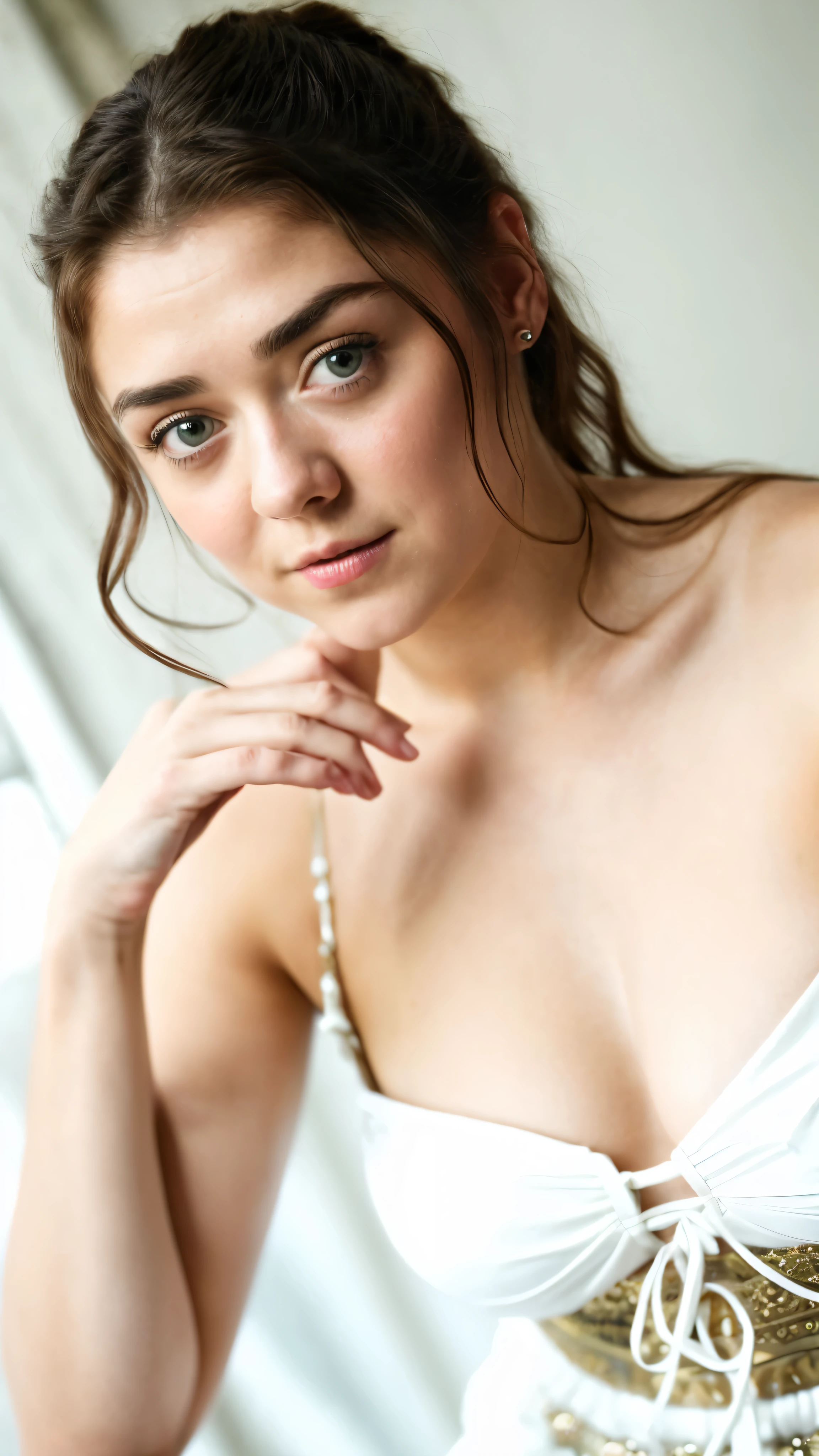Foto RAW, Arya Stark, Stunning Beauty, Ravishing, Enchantress, Extremely gorgeous lady, Arya Stark PLAYED BY MAISIE WILLIAMS, Queen Arya Stark, she a mature woman now, milf, sexy mediaeval battle dress, gladiator woman, body, 40 years old Woman, Roman slave dress, cotton dress, busty mediaeval costumes, body revealing costumes, perky breast, big natural breast, erotic costumes, lusty physique, seductive figure can capture every people's attention, Game of thrones costumes, revealing captivating figure, Mediaeval costumes, revealing clothes, A tomboy, she would rather fence than dance, warrior queen , game of thrones screen caps, Game of Thrones Series, (pele altamente detalhada: 1.2), 8k UHD, DSLR, soft-lighting, alta qualidade, grain of film, Fujifilm XT3, flawless picture, highly detailed, detailed Beauty, intricate, 32k, sharp picture,