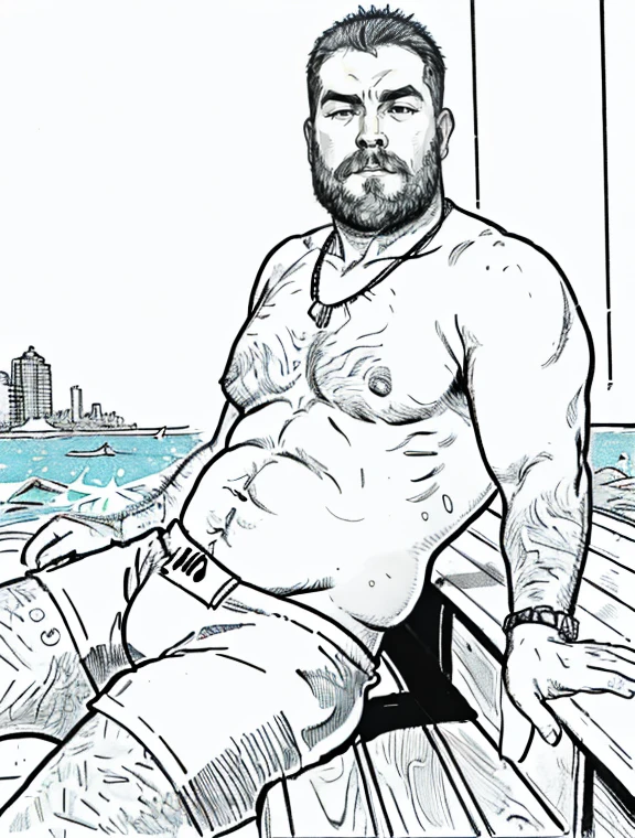 He is sitting with his legs open and resting one arm on the park bench., He is a chubby man, with extremely thick thighs, a large belly, fat, 50 years old, bearded, with a huge beard, wearing no clothing on his body, just swimming trunks, cueca box, , usando apenas sunga branca meias pretas, gold chain neck rings, watch on wrist, pulseiras no pulso, fotografia de Corpo completo imagem de corpo inteiro, low side angles. Detailed image dynamic image. (((He is not wearing any clothes in the image, just swim trunks, cueca box, Speedo))).