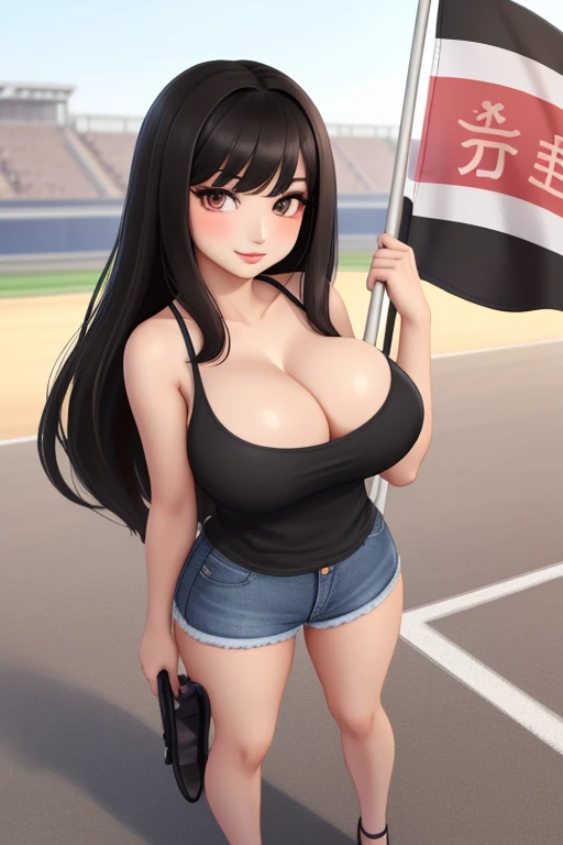 (best quality:1.3), (4K quality), (Detailed face:1.2), (Detailed eyes:1.2), 1girl, solo, Taiwanese woman, long black hair, With bangs,1 female in, 28 yo, Beautiful face, mascara, pink eyeshadow, glossy lips, red lipstick, closed mouth, smirk, big breasts, deep cleavage, pale skin, smiling, teeth, ((Wearing: Black tight tank top, Tight Denim short-shorts, black high-heel shoes)), ((holding a flag:1.3)), ((Background: Outside, empty race track)), the woman is an race queen, (Standing:1.3)
