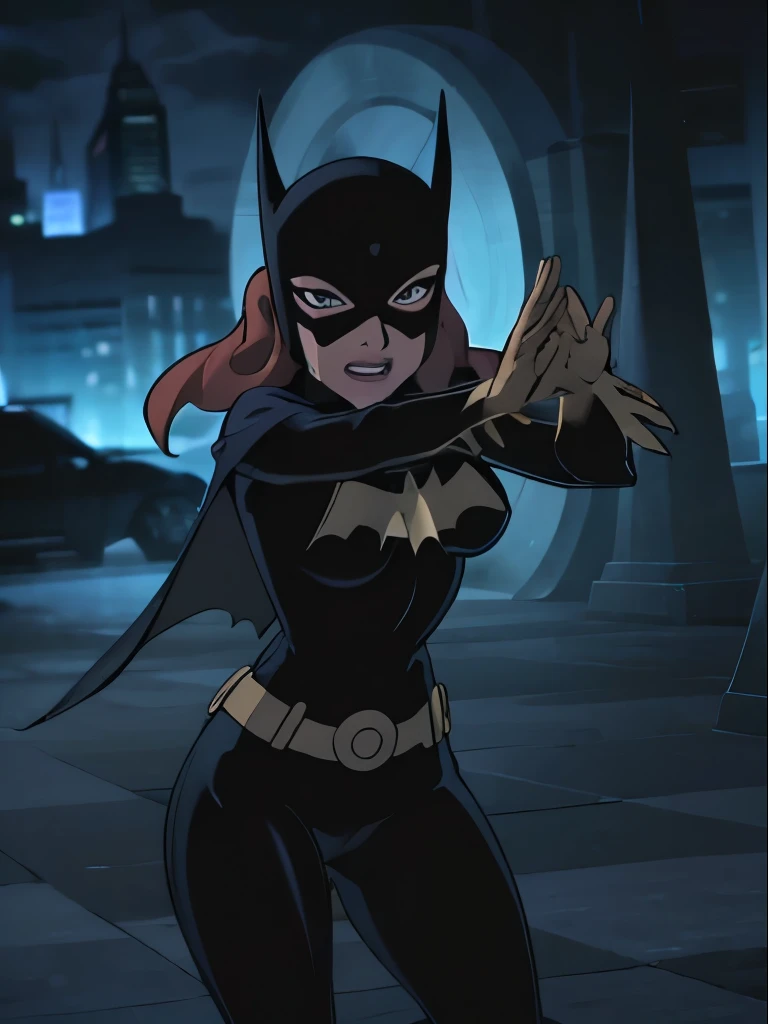 Batgitlfit, cabelos muito longos, cabelos ruivos, cabelo entre os olhos, rabo de cavalo alto, Fechaduras laterais, Olhos azuis, batgirl, roupas brilhantes, body impossible, pele apertada, saia, Olhando para o Viewer sorrindo, (),(pernas musculosas:1.3), ((action pose)), ((She's in the Batcave))