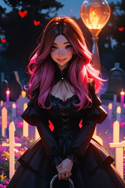A brown haired woman with red eyes and an hourglass figure in a gothic ta dress is smiling in a cemetery with a pink haired woman with violet eyes and an hourglass figure at night